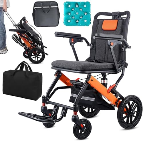 Super Lightweight Portable Transit Travel Wheelchair, Upgraded Folding Transport Wheelchairs (Weight 26.7lbs) for Adults and Seniors, Come with Telescopic Handle and Travel Bag