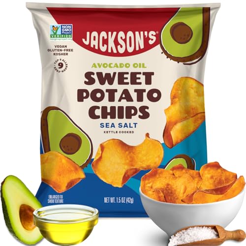 Jackson’s Sweet Potato Kettle Chips with Sea Salt made with Premium Avocado Oil (1 oz, Pack of 15) - Allergen-friendly, Gluten Free, Peanut Free, Vegan, Paleo Friendly - Shark Tank Product