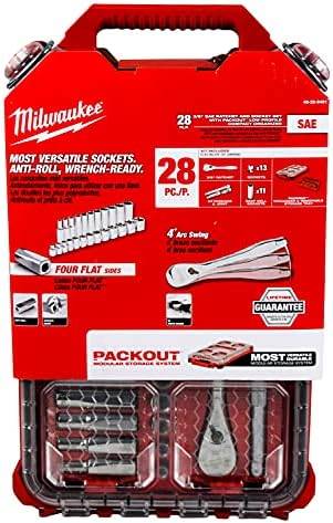Milwaukee 48-22-9481 28-Piece 3/8 in. Drive SAE Ratchet and Socket Set with PACKOUT Low-Profile Compact Organizer