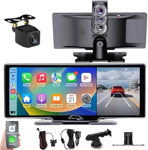 Flexscreen Pro Carplay, Flexscreen Pro (2025 Model), 10.26" HD Portable Carplay & Android Auto Screen, 4K Dash Cam Front and Rear with Voice Control, Mirror Link, Bluetooth, GPS Navigation, AUX/FM