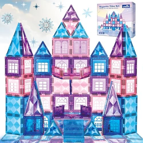 Little Pi 102pcs Frozen Princess Castle Magnetic Tiles Building Blocks - 3D Diamond Blocks, STEM Educational Toddler Toys for Pretend Play, 4 Year Old Girl Birthday Gifts Kids Ages 3 5 6 7 8 - Blue