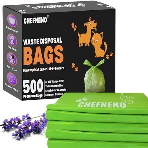 Cat Litter Waste Bags Biodegradable (500 Count) Dog Poop Bags with Easy Tie Handles Earth-Friendly Lavender Scented Cat Litter Poop Diaper Bag Disposable Sanitary Pad Waste Bags (500 Bags)