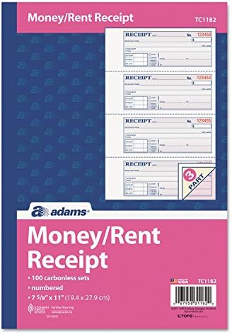 Adams TC1182 Receipt Book, 7 5/8 x 11, Three-Part Carbonless, 100 Forms