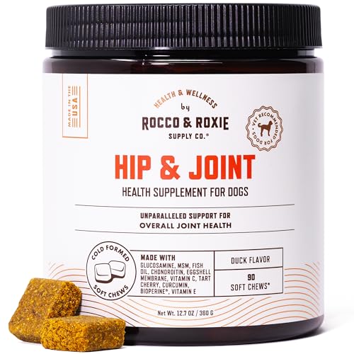 Rocco & Roxie Glucosamine Hip and Joint Supplement for Dogs, Dog Supplements & Vitamins to Support Mobility, Omega 3 and Chondroitin Plus MSM, Dog Health Supplies Large & Small Breed - 90 Soft Chews