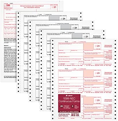 Adams 1099 NEC 3 Up 2021 Continuous Forms, 4 Part Carbonless Forms, for Pin Fed Dot Matrix Printers, with 3 1096, 20 Pack (TXA2299-NEC21)