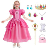 Princess Peach Dress for Girl,Super Brothers Princess Cosplay Costume,Peach Dress set With Crown Necklace Magic Wand Pink Bag Accessories, Halloween Christmas Birthday Party Carnival Cosplay Costume.