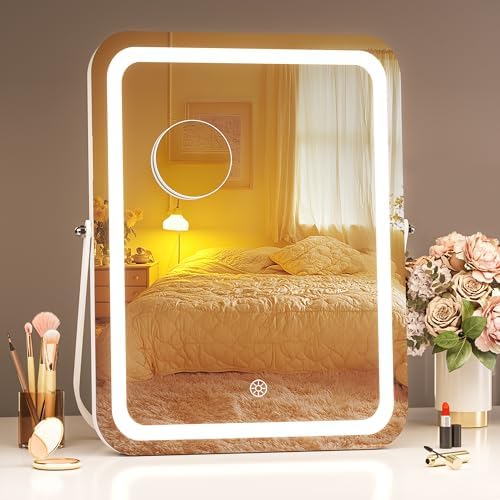 Hasipu Vanity Mirror with Lights, 12" x 14" LED Makeup Mirror, 3 Modes Light, Smart Touch Control Dimmable, 360°Rotation, Rounded Rectangle White Frame, with 5X Magnifying Glass