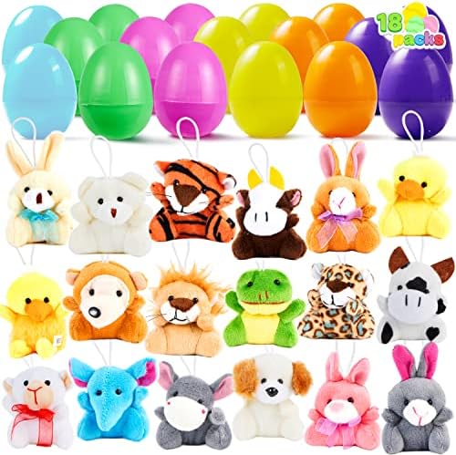 JOYIN 18 Pcs Pre-Filled Easter Eggs with Plush Animal Toys, Egg Filled Keychain for Kids Hunt Goodie Bag Fillers Basket Stuffers and Party Favor, Classroom Prize Supplies