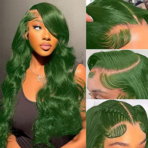 Colorful Bird Dark Green Body Wave Lace Front Wigs Human Hair 13x4 HD Transparent Lace Frontal Wigs for Women Brazilian Body Wave Human Hair Wigs Pre Plucked Hairline 150% Density Mint Green 20 inch