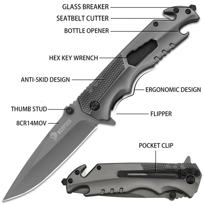 NedFoss FA48 Pocket Knife for Men with Bottle Opener, Glass Breaker, Seatbelt Cutter and Wrench, 5-in-1 Multitool Folding/Survival Knife for Emergency Rescue Situations, Home Improvements