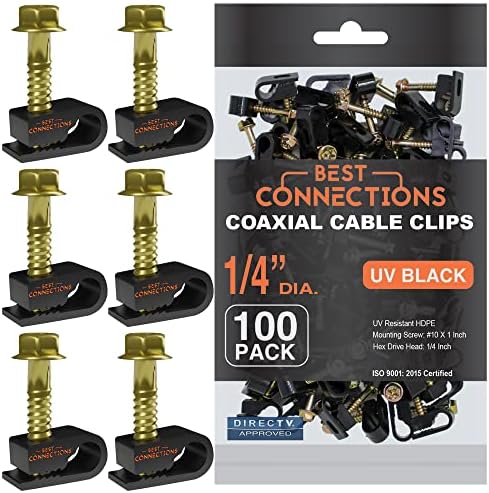 Coaxial Cable Clips with Pre-inserted Screw (100 Pack) – Black Single Cable Mounting Clamps for Coax Cable (RG6, RG59) and Ethernet Cable – Cord Fastener/Strain Relief Clip