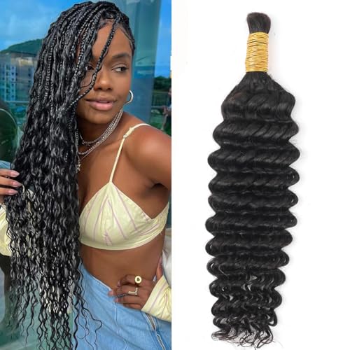 Human Braiding Hair for Boho Braids 12A 20" Deep Water Wave Bulk Human Hair Extensions for Braiding No Weft Brazilian Virgin Curly Loose Deep Wave Bulk Wet and Wavy 1 Bundle 100g Natural Black