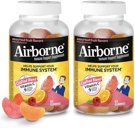 Airborne 750mg Vitamin C Gummies For Adults, Immune Support Gummies With Powerful Antioxidants Vit C & E, Caffeine Free - 2x63ct Bottle (42 Servings), Assorted Fruit Flavor