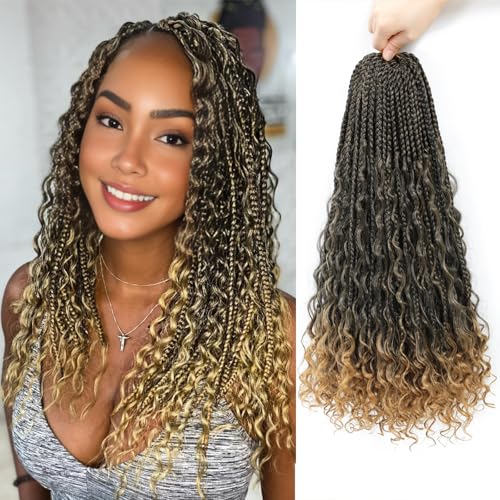 Goddess Box Braids Crochet Hair For Women-14 Inch 8 pack Pre Looped Boho Crochet Braids Short Prelooped Bohemian Boho Box Braids Crochet Hair With Curly Ends Ombre Crochet Braid Hair（14in,#1b/27）