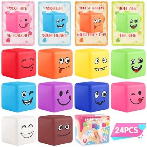 Valentines Day Gifts for Kids, 24 Pack Valentines Day Cards for Kids Classroom, Kawaii Smile Face Stress Ball Bulk with Valentines Cards for Kids Boys Girls School Classroom Exchange Party Favors
