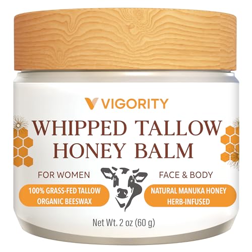 Vigority Beef Tallow and Honey Balm for Women: Organic Grass Fed Whipped Beef Tallow for Skin - Beef Tallow Face Moisturizer Infused with Manuka Honey, Beeswax and Olive Oil - 2 oz, Unscented