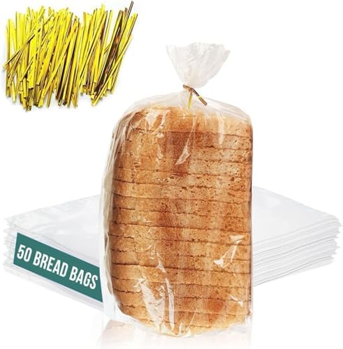 Reusable Plastic Bread Bags for Homemade Bread - 50 Pack Clear Bag with Ties For An Airtight Moisture-free Preservation and Storage - Loaf Bags for Home Bakers and Bakery Owners