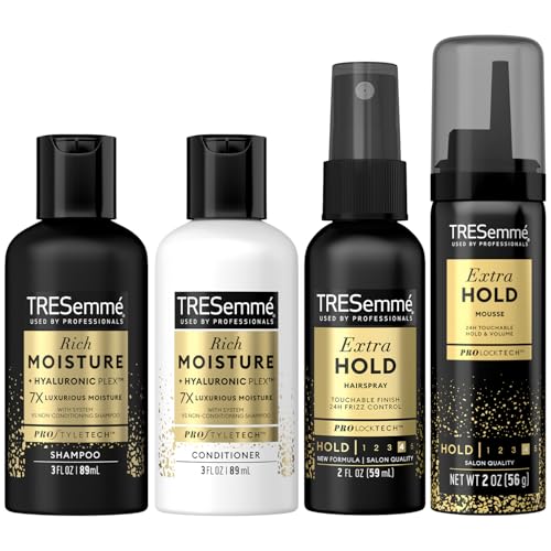 TRESemmé Travel Shampoo, Conditioner, Hairspray & Hair Mousse – Rich Moisture Hair Products + Non-Aerosol Hair Spray & Alcohol-Free Mousse, 24H Frizz Control (4 Piece Set)