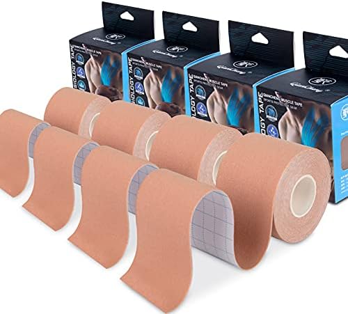 QianCheng 4 Pack Kinesiology Tape for Sports Athletes - 16 FT Waterproof Athletic Tape for The Knee, Elbow and Shoulder Muscles, etc. (Beige)
