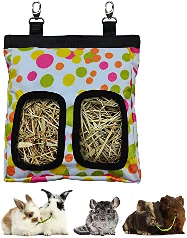 RIOUSSI Guinea Pig Hay Feeder, Hanging Rabbit Hay Feeder Bag for Guinea Pigs Bunnies Chinchillas. M, Colorful Dots