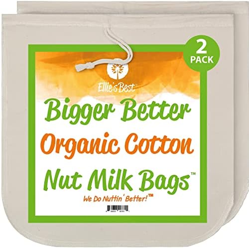Pro Quality Organic Cotton Nut Milk Bag 2 Pack - 12"X12" XL Bags - Heavy Duty Reusable All Purpose Food Strainer - Food Grade BPA-Free