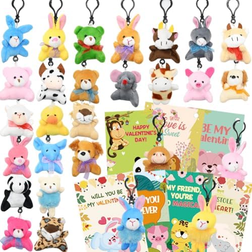 UMEELR 28PCS Valentine's Day Mini Plush Animals Toys, Small Stuffed Animal Keychain Cards for Valentine's Classroom Gift Exchange, School Prizes Valentines Party Favors Easter Basket Stuffers