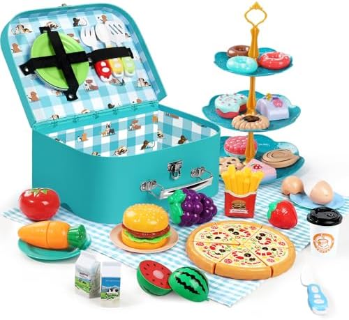 Kids Picnic Basket, Toy Food for Toddlers 1-3, Play Food Sets for Kids Kitchen Role Playset with Carry Case Fake Food Fruit Play Kitchen Accessories, Birthday for Toddler Girls Boys
