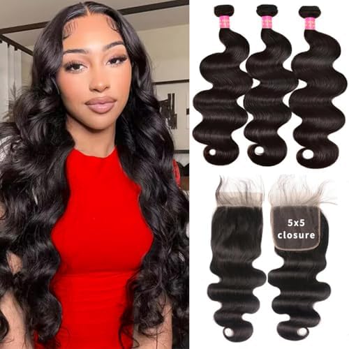 12A Human Hair Bundles 3 Bundles With Closure Body Wave Bundles Human Hair 100% Unprocessed Brazilian Virgin Hair Bundles Human Hair Extensions Quick Weave Bundles Human Hair Natural Black 24 26 28+22