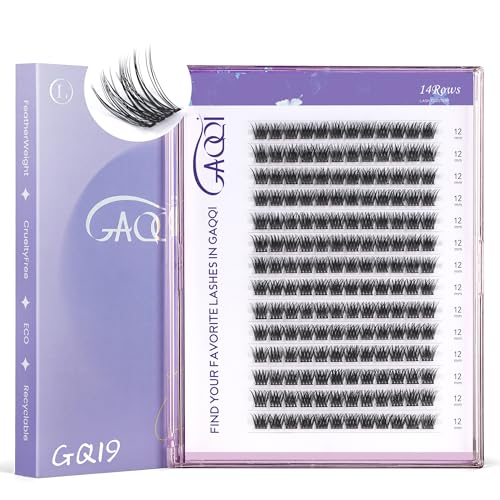 GAQQI Lash Clusters, GQ19 Individual Lashes 168pcs D Curl, DIY Lash Extension 12mm Length Only False Eyelash Clusters, Natural & Wispy Lash Wisps (GQ19,D Curl,12mm)