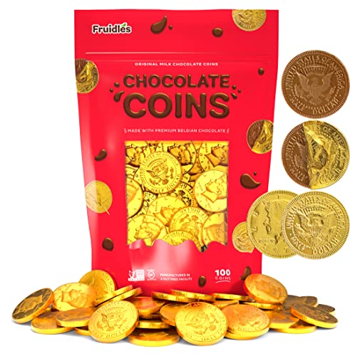 Fruidles Milk Chocolate Coins, Gold Half Dollar Chocolate Coins, Made with Premium Belgian Chocolate, Nut-Free, Non-GMO, Kosher Dairy (100-Pack)