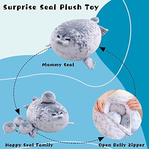 Chubby Blob Seal Pillow Cute Seal Plush with 4 Baby Plushies in Her Tummy, Soft Cotton Stuffed Animals Toy Gifts for Kids