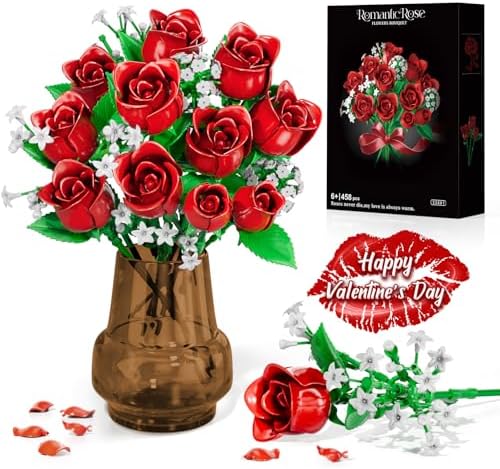 Red Rose Flowers Bouquet Building Kit, 15 Artificial Flowers for Botanical Collection and Decorative Home Table, Forever Rose Toy Gift for Women Girls Her Adults 6+, No Vase