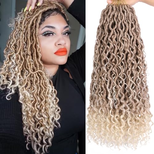 COOKOO 8 Packs Goddess Locs Crochet Hair with Curly Ends 18 Inch Mix Blonde Curly Faux Locs Crochet Braids for Black Women Hippie River Locs Hair Pre Looped Crochet Locs Hair Extensions 27/613#