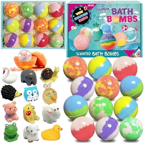 Bath Bombs for Kids, 12pcs Bath Bombs with Surprise Toys Inside, Natural and Organic Colorful Bubble Bath Fizz Bomb for Kids, Gift Set for Birthday, Valentines Day, Easter, Christmas for Boys and Girl