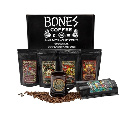 Bones Coffee Company New World Tour Gift Set Samples Pack with Coffee Mug Medium Roast Ground Low Acid Flavored Coffee Beans (4 oz, Pack of 5)