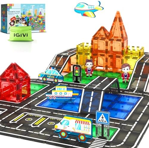 Magnetic Tiles City Road Set with Magnet Car Toys, Magnetic Blocks Building Toys for Kids, STEM Construction Toys for Toddlers,Toy Gifts for 3+ Year Old Boys & Girls
