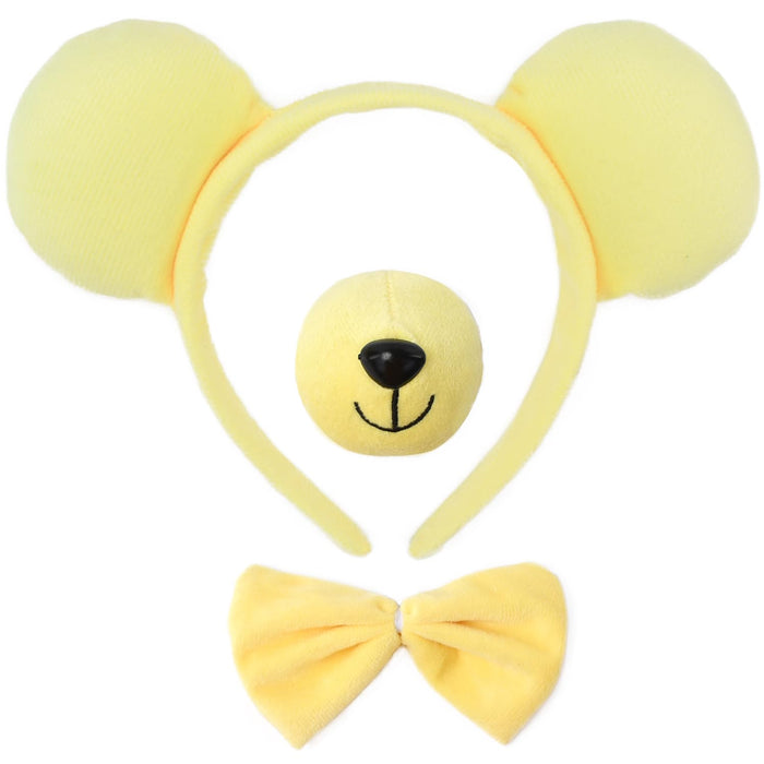 HODRME 3 Pieces Yellow Bear Ears and Nose Set-Bear Headband with Nose Bow Tie Cosplay Party Halloween Costume Accessories for Kids and Adults