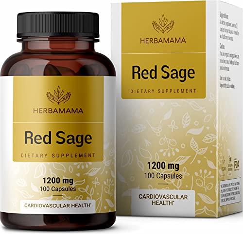 HERBAMAMA Red Sage Capsules - Organic Dan Shen Root Powder Supplement - Salvia Miltiorrhiza Pills - 1200mg, 100 Vegetarian Caps