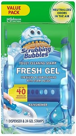 Scrubbing Bubbles Fresh Gel Toilet Bowl Cleaning Stamps, Helps Keep Toilet Clean and Helps Prevent Limescale & Rings, Rainshower Scent, 1 Dispenser with 24 Fresh Gel Stamps