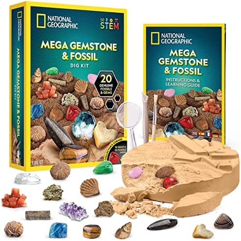 NATIONAL GEOGRAPHIC Mega Fossil and Gemstone Dig Kit - Excavate 20 Real Fossils and Gems, Science Kit for Kids, Rock Digging Excavation Kit, Geology Gifts for Boys and Girls (Amazon Exclusive)