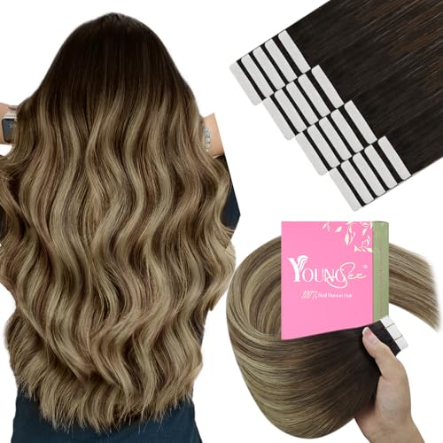 YoungSee Tape in Hair Extensions Real Human Hair Balayage Brown Tape in Hair Extensions Ombre Dark Brown to Brown with Blonde Tape in Extensions for Beginners 12Inch 20pcs 30g Hair Extensions Tape in