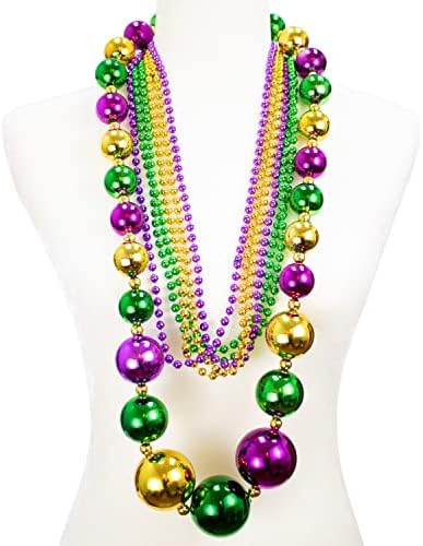 GiftExpress Mardi Gras 46” Jumbo Ball Bead Necklaces And 33” 7mm Assorted Metallic Color Beaded Necklaces Bundle Set for St. Patrick's Day Party Favors, Mardi Gras Festivals, Mardi Gras Parades