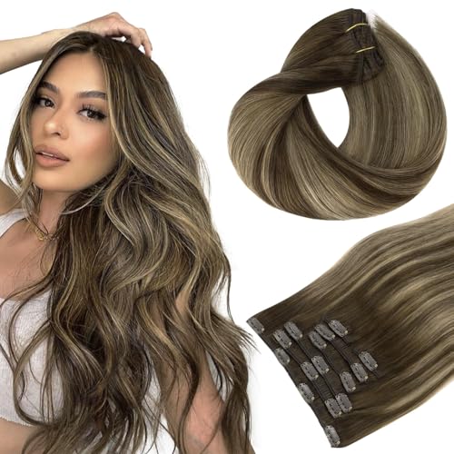 HOTBANANA Human Hair Clip in Hair Extensions, Balayage Chocolate Brown with Honey Blonde 120g Clip in Hair Extensions Real Human Hair Straight Remy Hair Clip Ins Dark Roots Ombre 14 Inch 7pcs