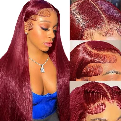 99j Burgundy Lace Front Wigs Human Hair 13x4 HD Lace Straight Red Wig Human Hair Colored Lace Frontal Wigs Human Hair 180% Density Burgundy Wig Human Hair Pre Plucked With Baby Hair 26 Inch