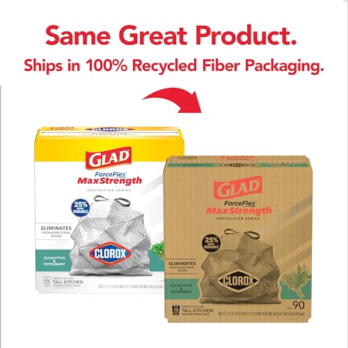 Glad Trash Bags, Tall Kitchen Garbage Bags ForceFlexPlus with Clorox, 13 Gallon, Eucalyptus and Peppermint, 90 Count (Package May Vary)