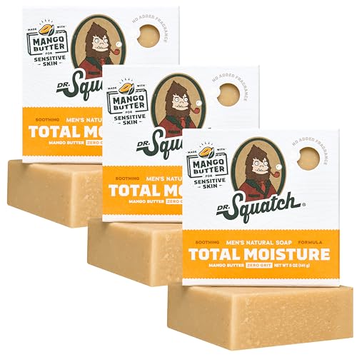 Dr. Squatch NEW Total Moisture Men's Bar Soap - 3-Pack Mango Butter - No Added Fragrance - Soothing Next-Level Nourishment - Formulated for Sensitive Skin - Non-Exfoliating