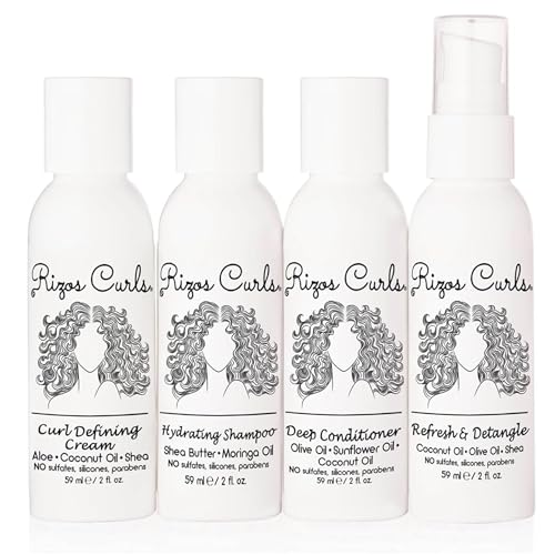 Rizos Curls 4-Step Travel Kit for Curly Hair: Curl Defining Cream, Shampoo, Conditioner, Refresh & Detangle (2 fl oz each)
