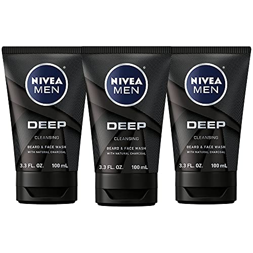 NIVEA MEN DEEP Cleansing Beard and Face Wash, Natural Charcoal Facial Cleanser Helps Remove Dirt and Excess Oils, 3 Pack of 3.3 Fl Oz Tubes