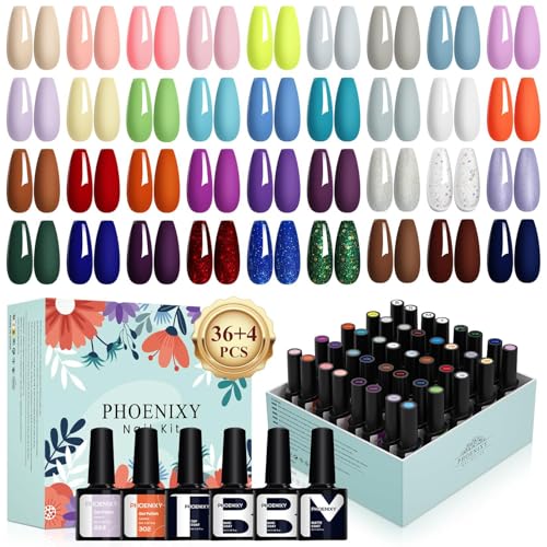 PHOENIXY 40 PCS Gel Nail Polish Kit, 36 Colors Gel Nail Polish Set with Base Glossy Matte Top Coat Gel Nail Kit Pink Blue Red at Home Nail Kit Gifts for Women