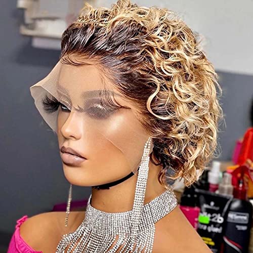 Ombre Blonde Pixie Cut Lace Front Wigs 6 inch Human Hair 13X1 Pixie Cut Short Curly Wigs HD Lace Front Wigs Plucked Pixie Curly Wigs for Black Women (6 Inch, 1B/27#)